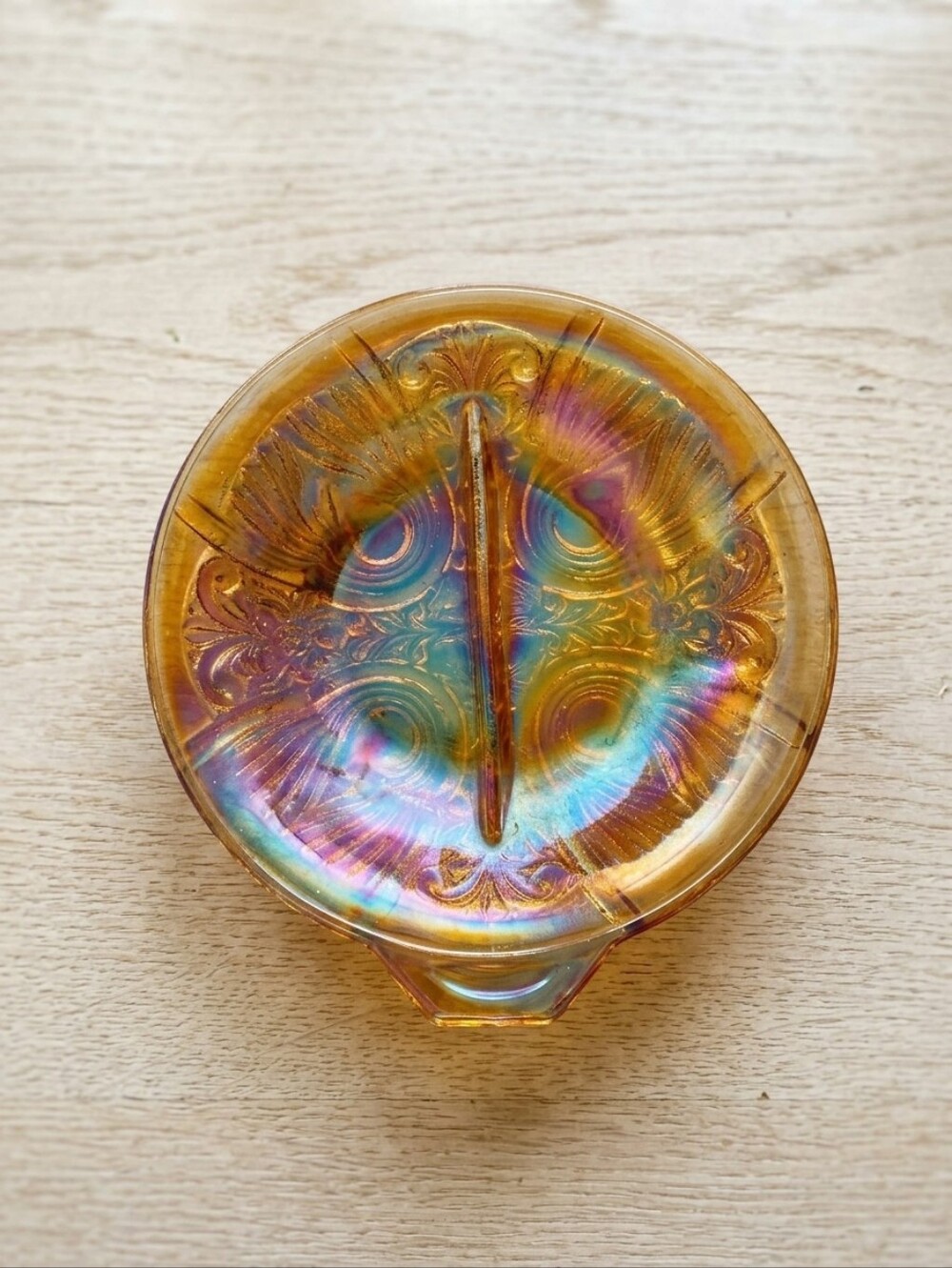 Amber Iridescent Glass Divided Serving Dish - Indiana Glass Carnival